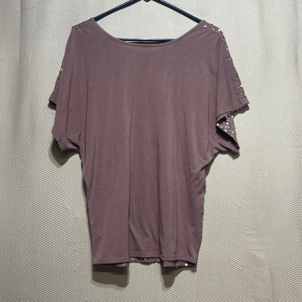 Studio Y Women's Medium Mauve Sequin V-Neck Dolman Sleeve Top Sparkly Party - Picture 7 of 7